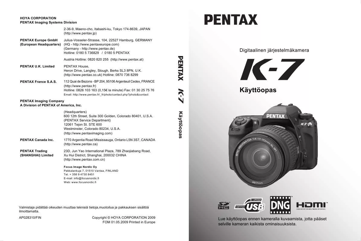 Mode d'emploi PENTAX K-7