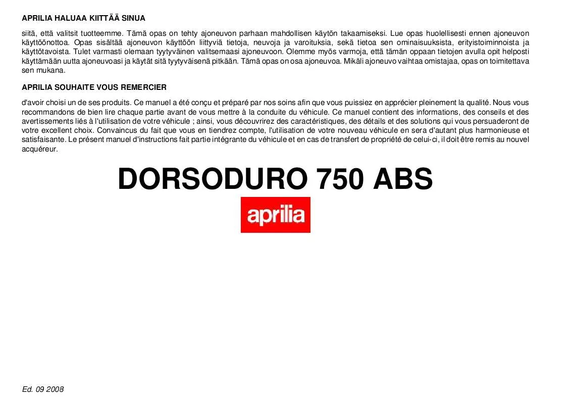 Mode d'emploi APRILIA DORSODURO 750 ABS