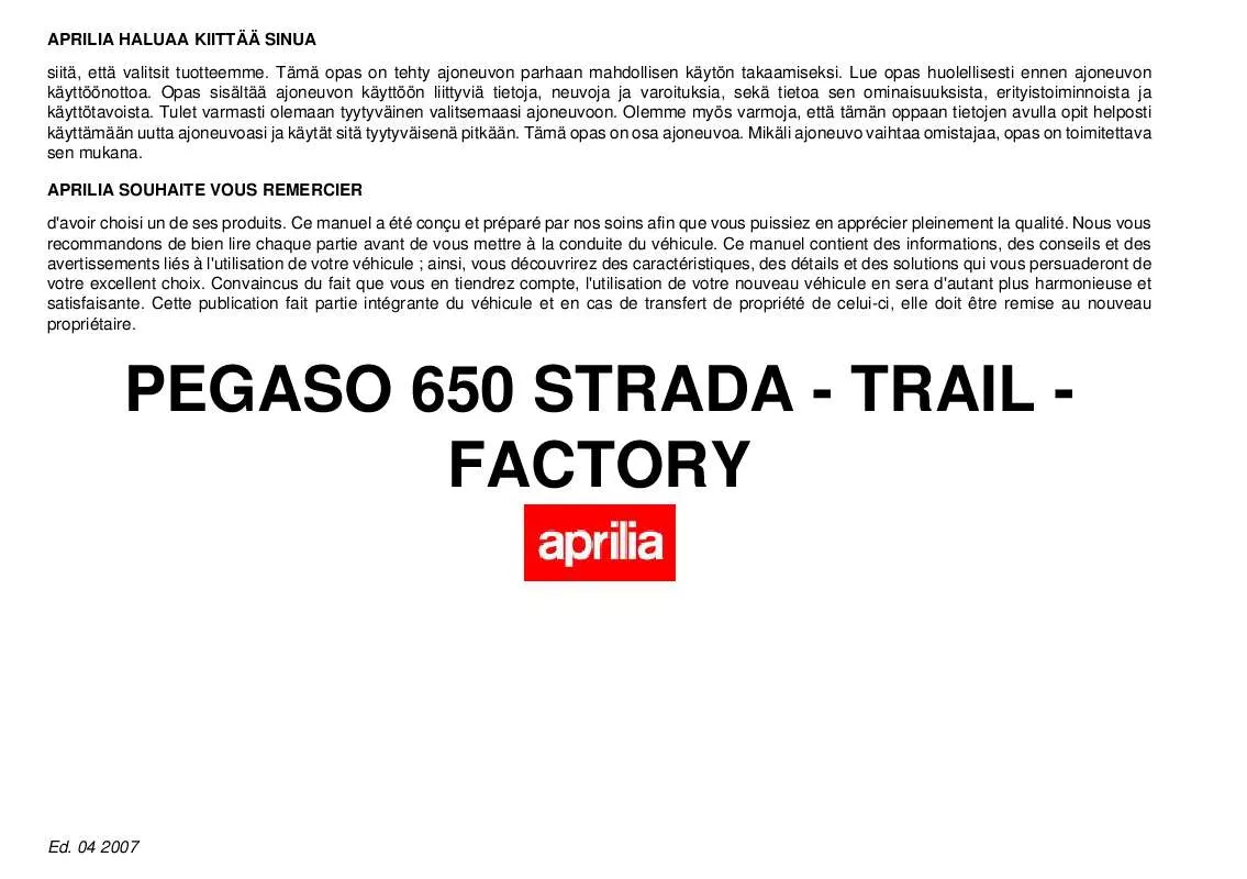 Mode d'emploi APRILIA PEGASO 650 FACTORY