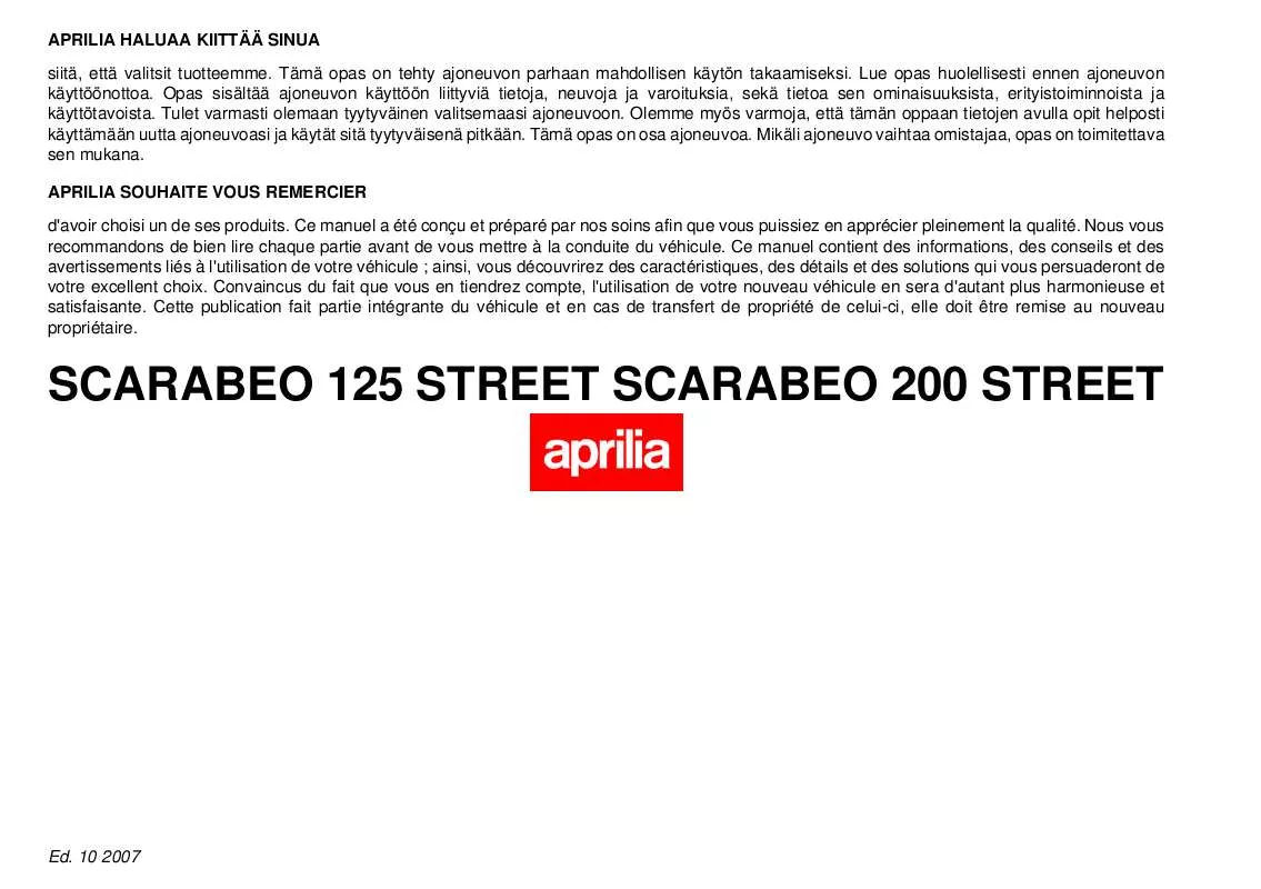 Mode d'emploi APRILIA SCARABEO STREET 125 STREET