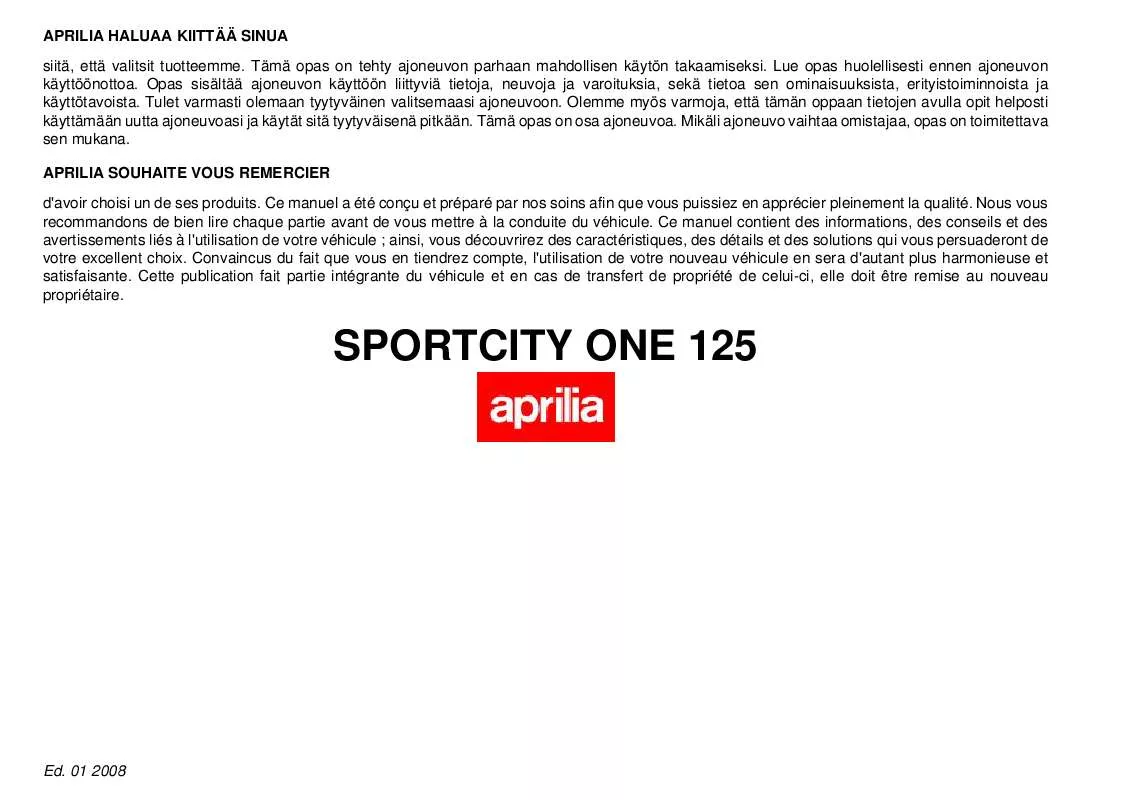 Mode d'emploi APRILIA SPORTCITY ONE 125