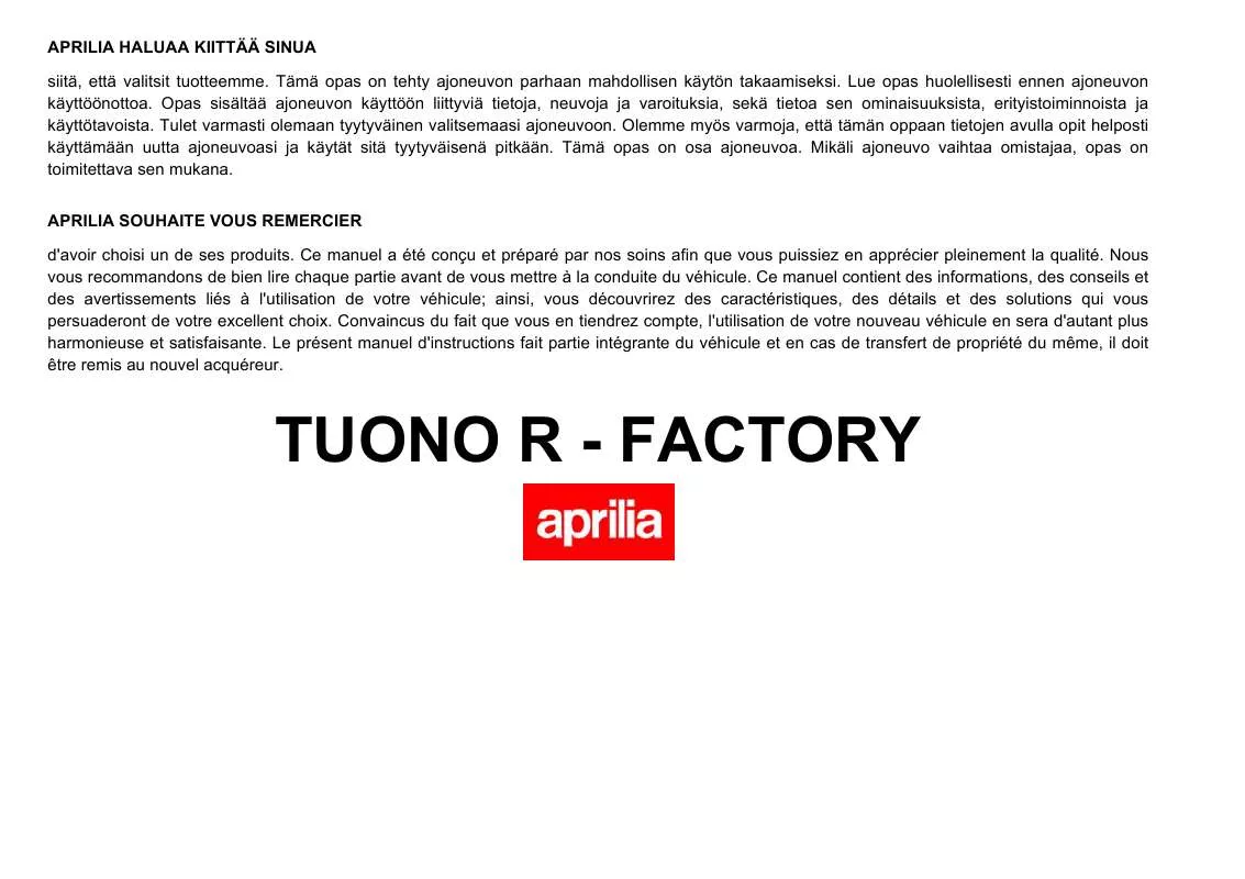 Mode d'emploi APRILIA TUONO 1000 R FACTORY