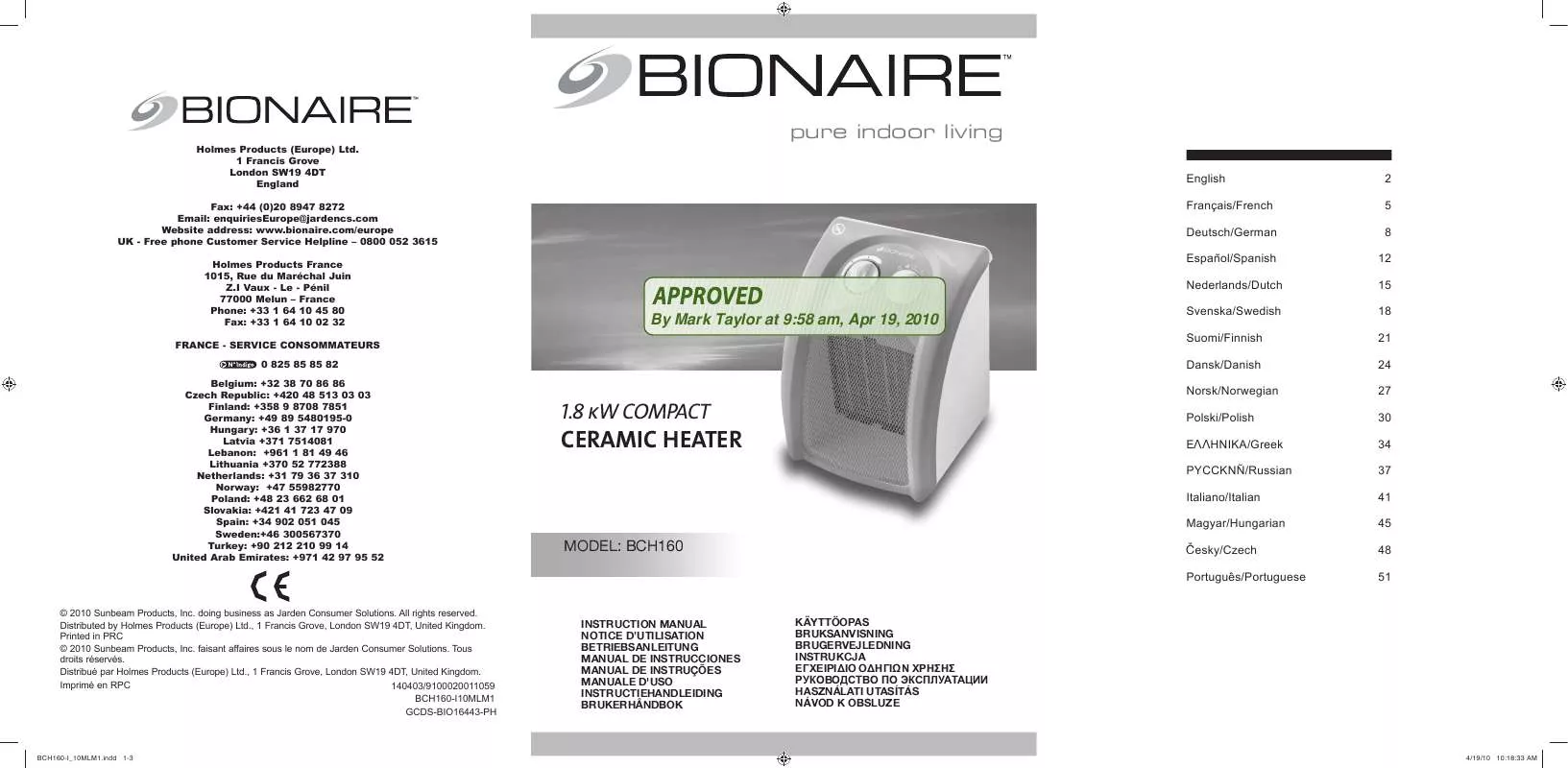 Mode d'emploi BIONAIRE BCH160