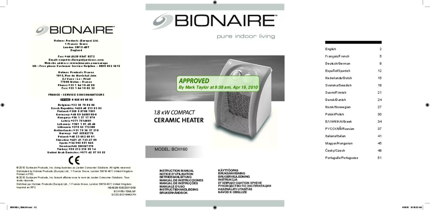 Mode d'emploi BIONAIRE BCH160B-I