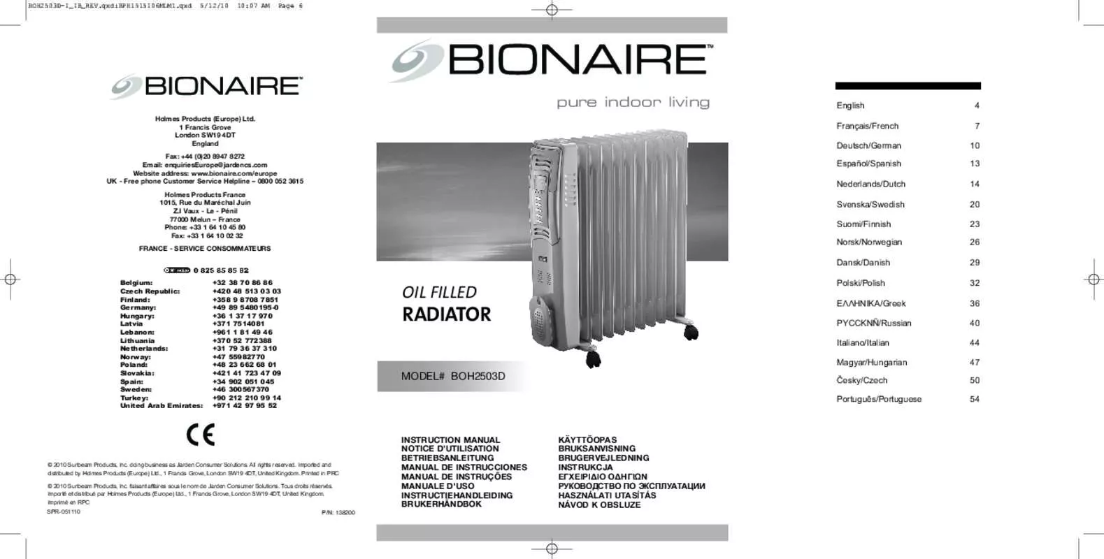 Mode d'emploi BIONAIRE BOH2503-I