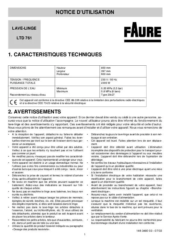 Mode d'emploi FAURE LTD761