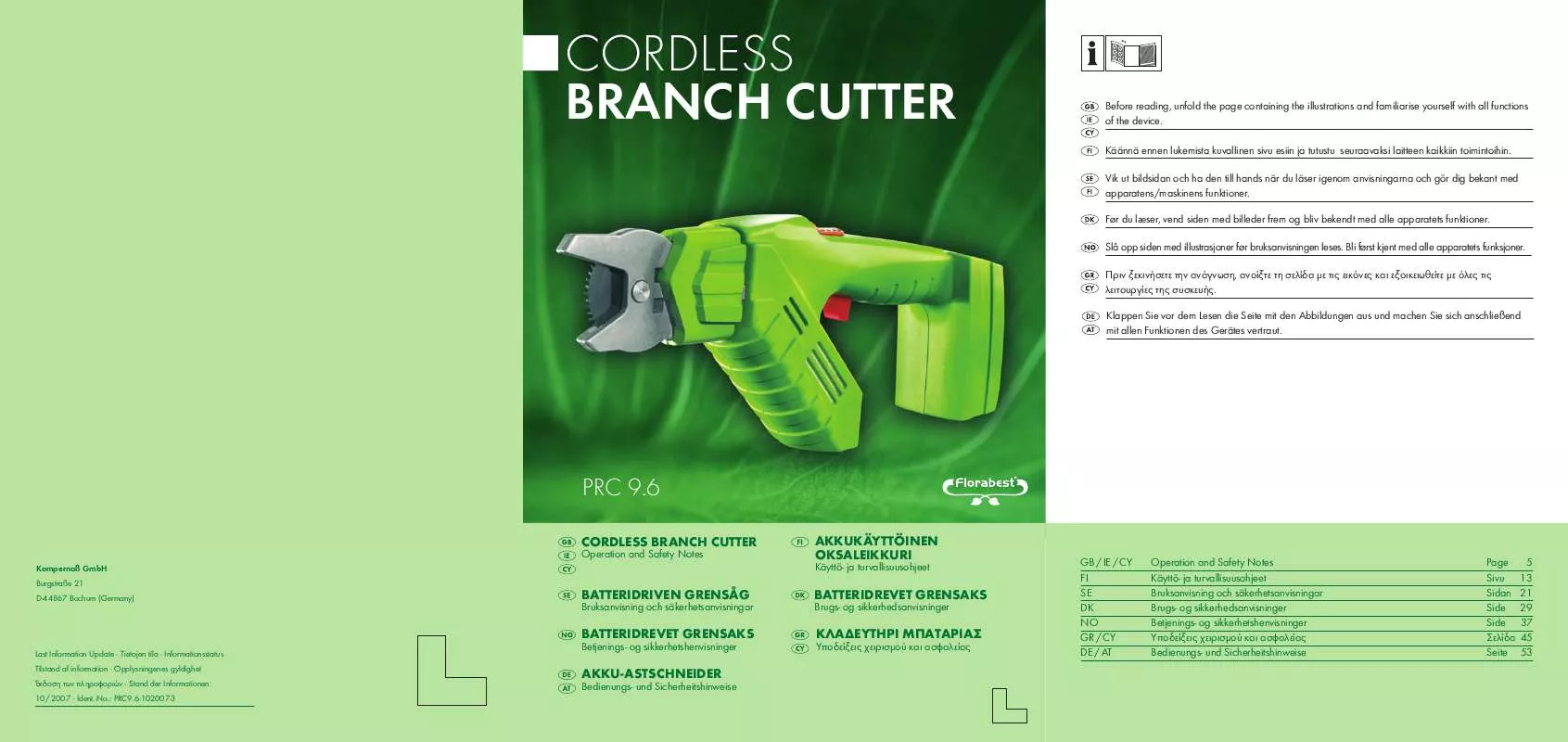 Mode d'emploi FLORABEST KH 3127 / PRC 9.6 CORDLESS BRANCH CUTTER