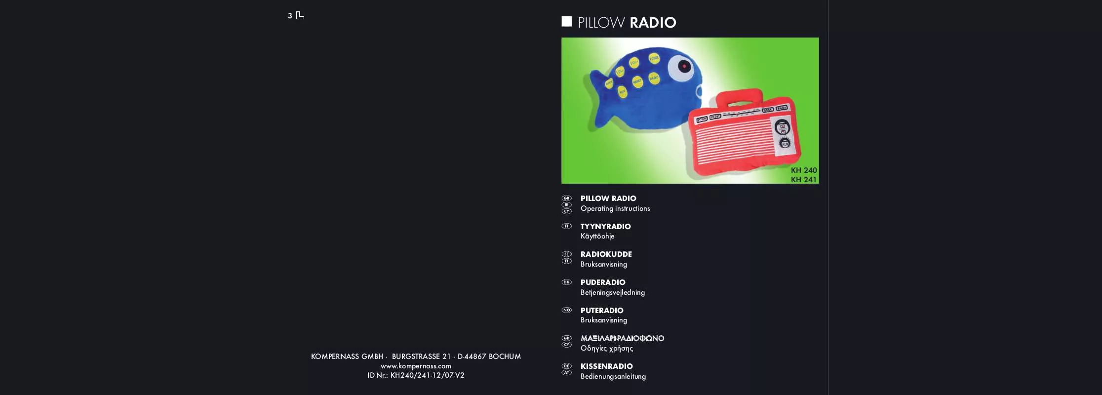 Mode d'emploi KOMPERNASS KH 240 PILLOW RADIO