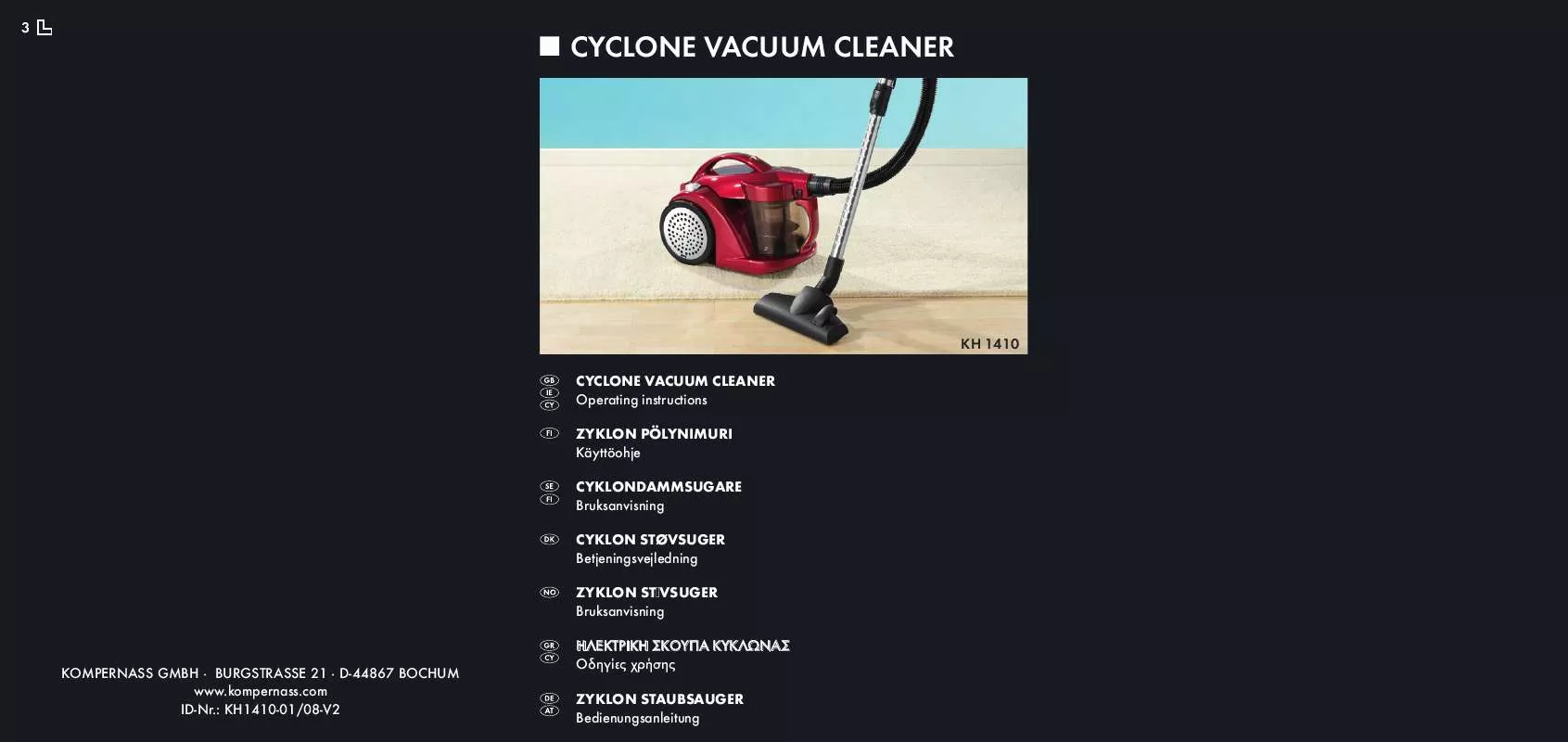 Mode d'emploi LERVIA KH 1410 CYCLONE VACUUM CLEANER