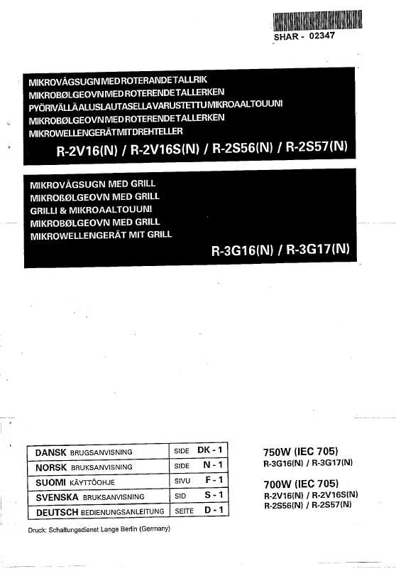 Mode d'emploi SHARP R-2V16(N)/2V16S(N)/2S56(N)/2S57(N)