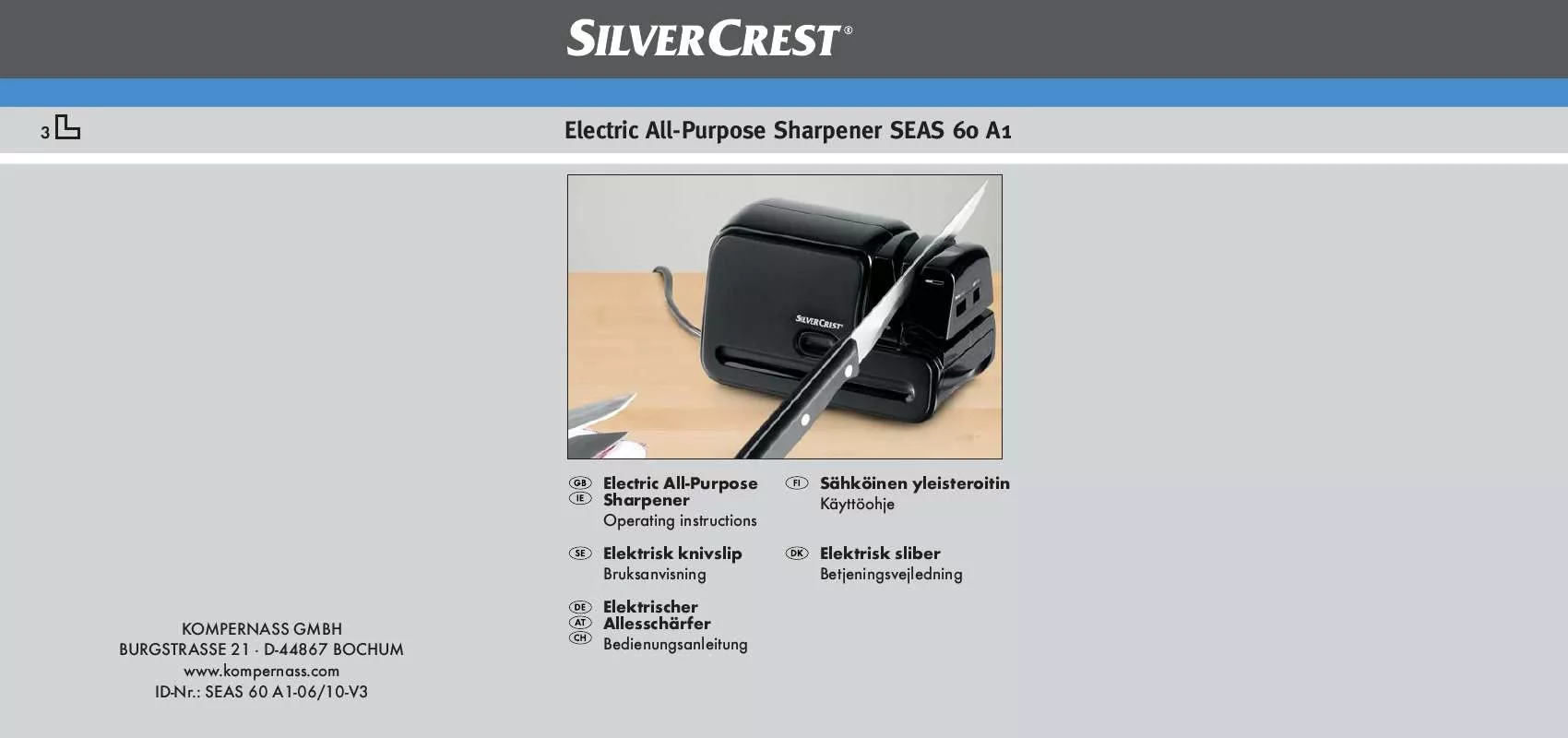 Mode d'emploi SILVERCREST SEAS 60 A1 ELECTRIC ALL-PURPOSE SHARPENER