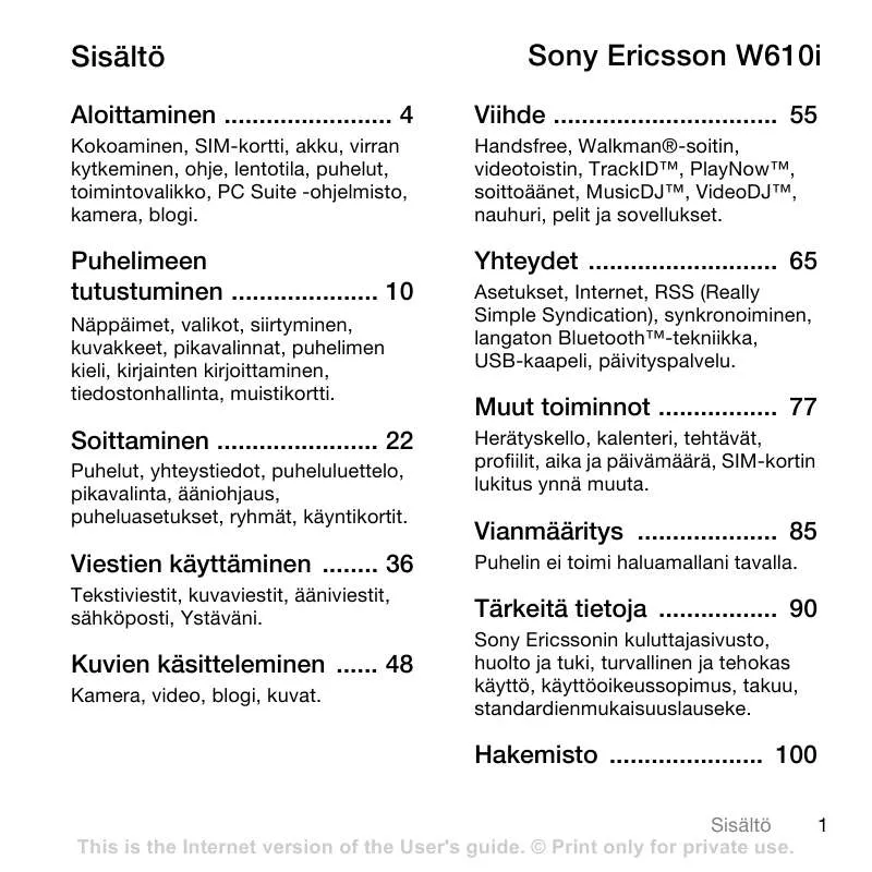 Mode d'emploi SONY ERICSSON W610I