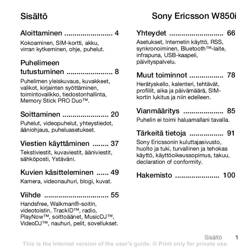 Mode d'emploi SONY ERICSSON W850I