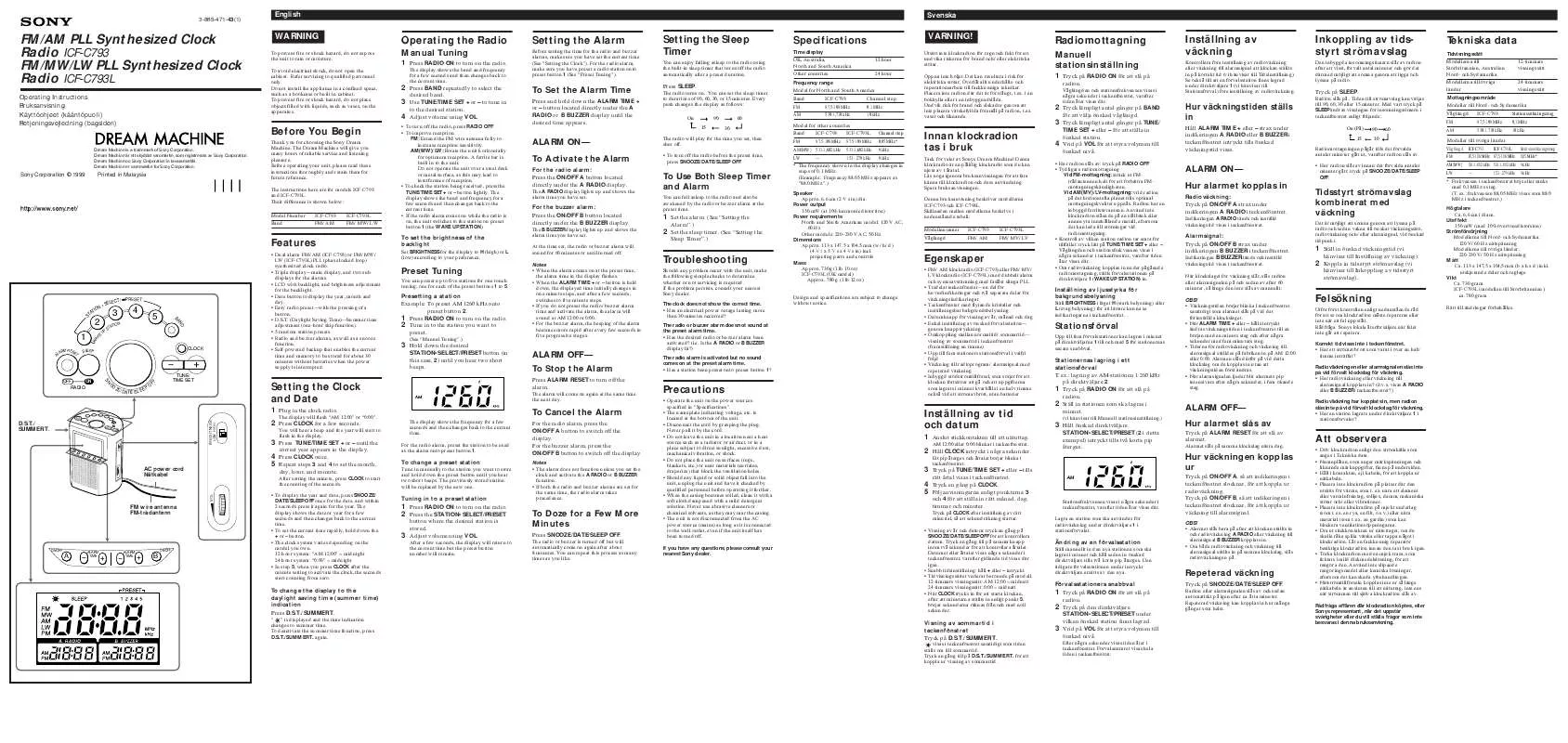 Mode d'emploi SONY ICF-C793