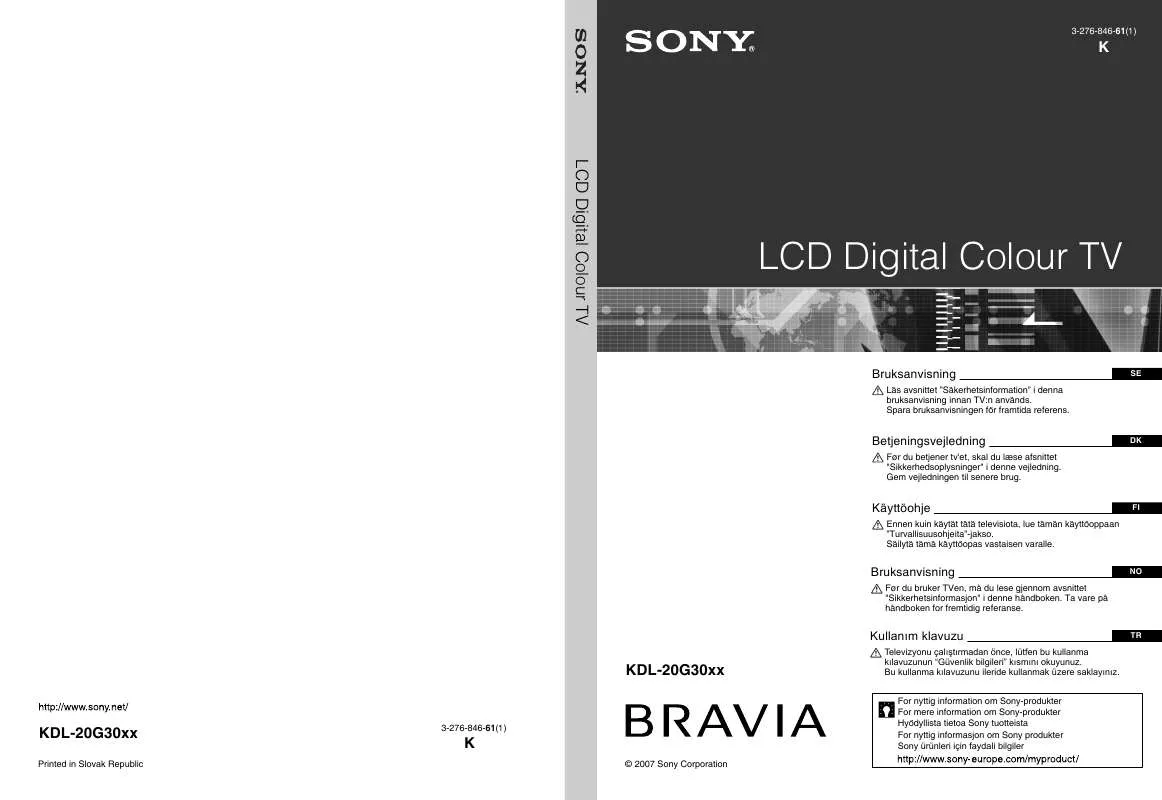 Mode d'emploi SONY KDL-20G3000