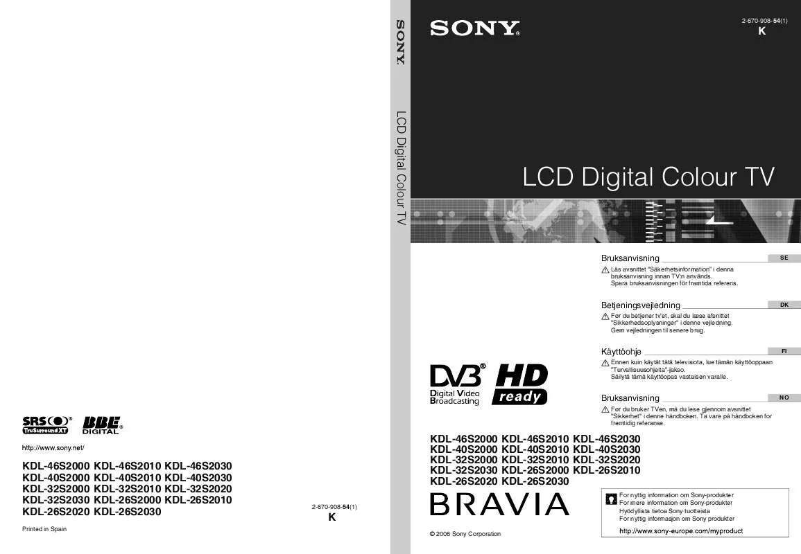 Mode d'emploi SONY KDL-46S2030