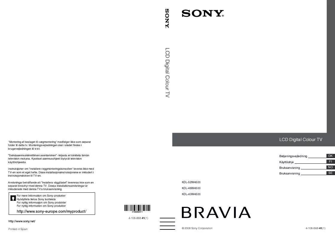 Mode d'emploi SONY KDL-52W4500