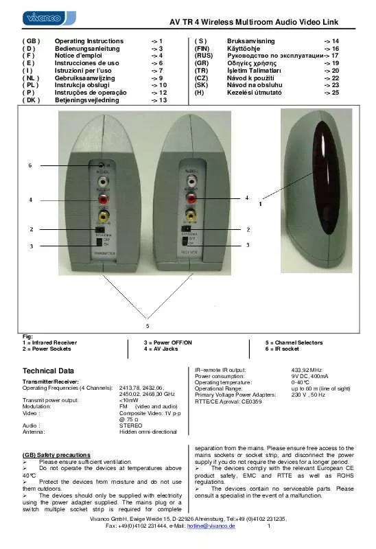 Mode d'emploi VIVANCO AV TR 4 WIRELESS MULTIROOM AUDIO VIDEO LINK