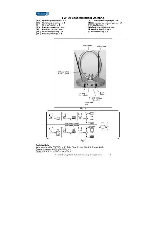 Mode d'emploi VIVANCO BOOSTED DIGITAL UHFVHF INDOOR ANTENNA