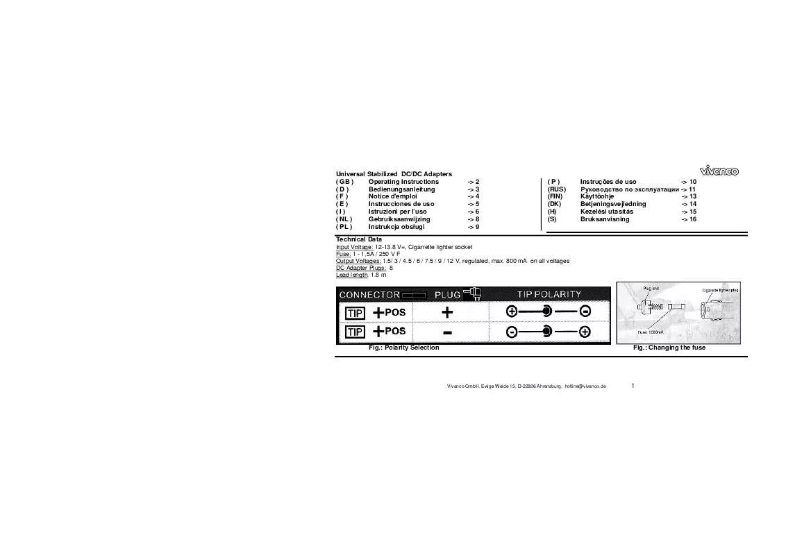 Mode d'emploi VIVANCO UNIVERSAL VEHICLE DCDC ADAPTERS STABILISED